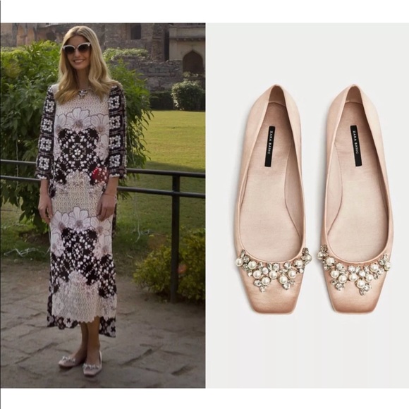 NWT Zara Nude Blush Jeweled Satin Ballerina Flats - Picture 3 of 7